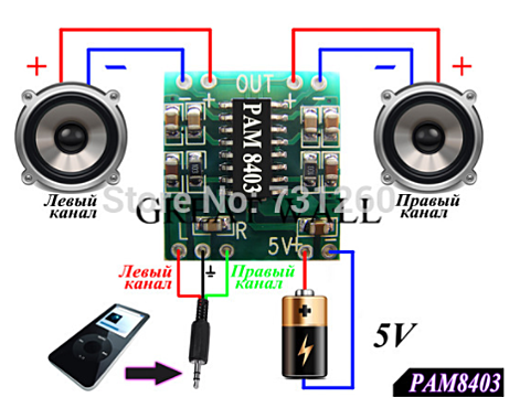 Усилитель звуковой PAM8403, 2*3 Вт Класс D питание 2.5 до 5 В